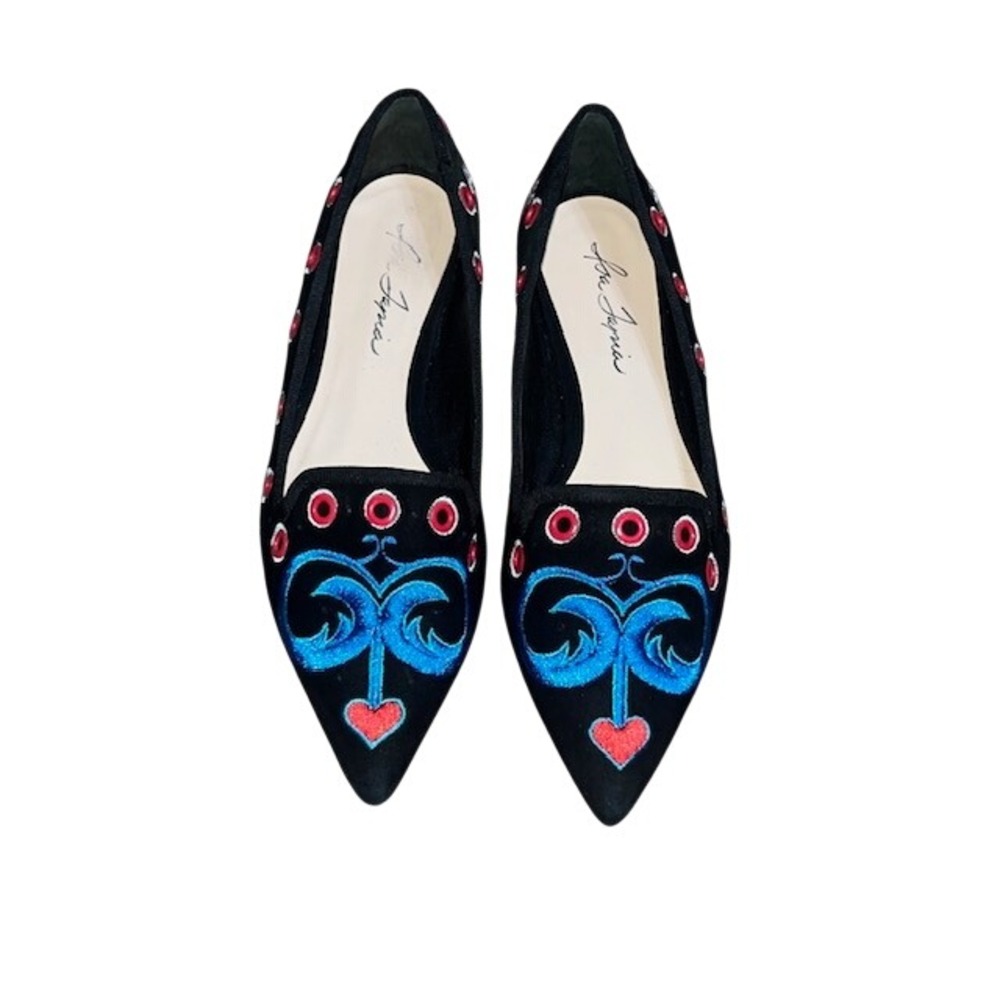 Isa Tapia Rocio Embroidered Floral Heart Pointed Toe Flats Black 37